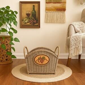 Vintage 80s French Country Wicker Basket Magazine Holder w/ Apple Accent